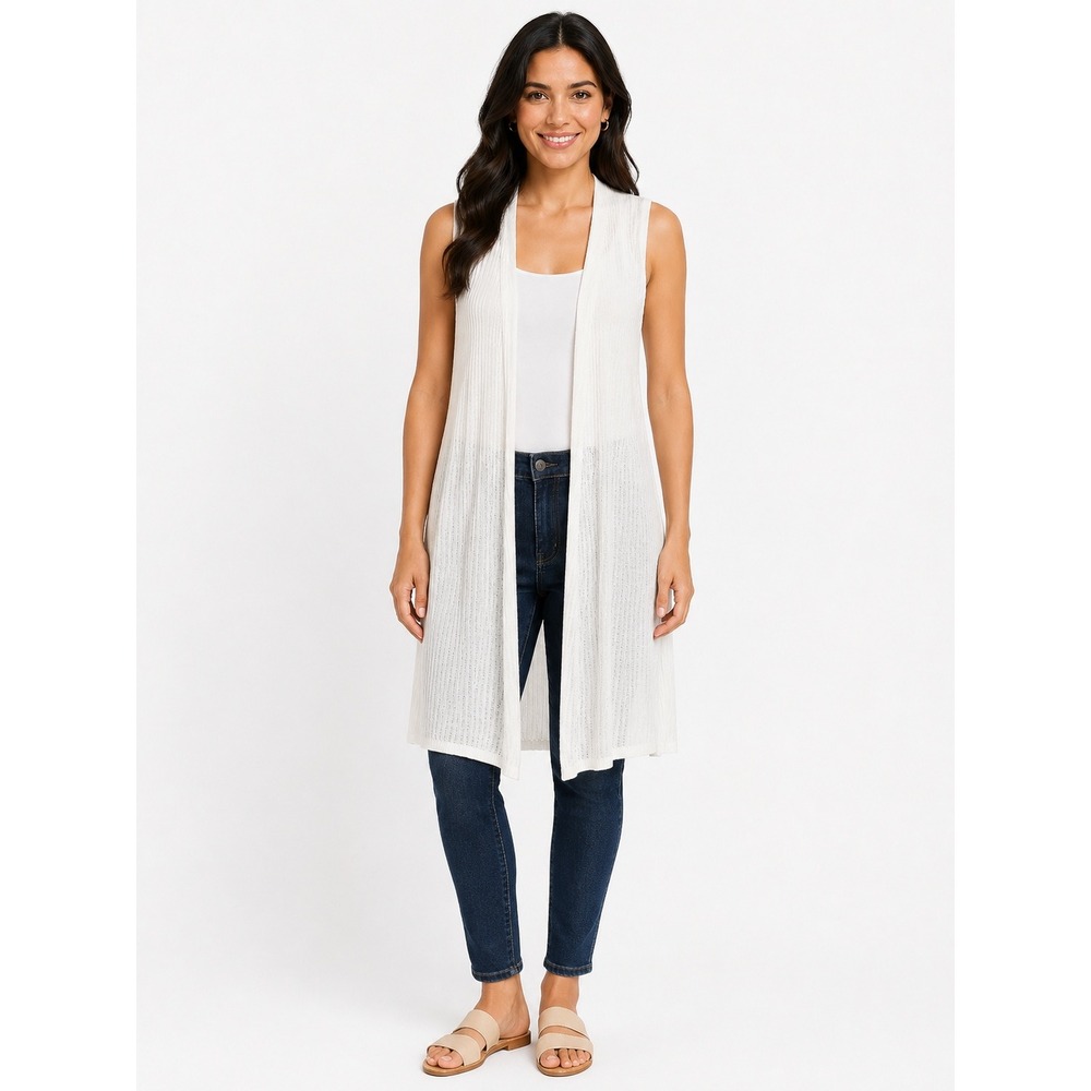 Tahari Linen Longline Vest sz M White Ribbed Knit Cardigan Coastal Layer Neutral